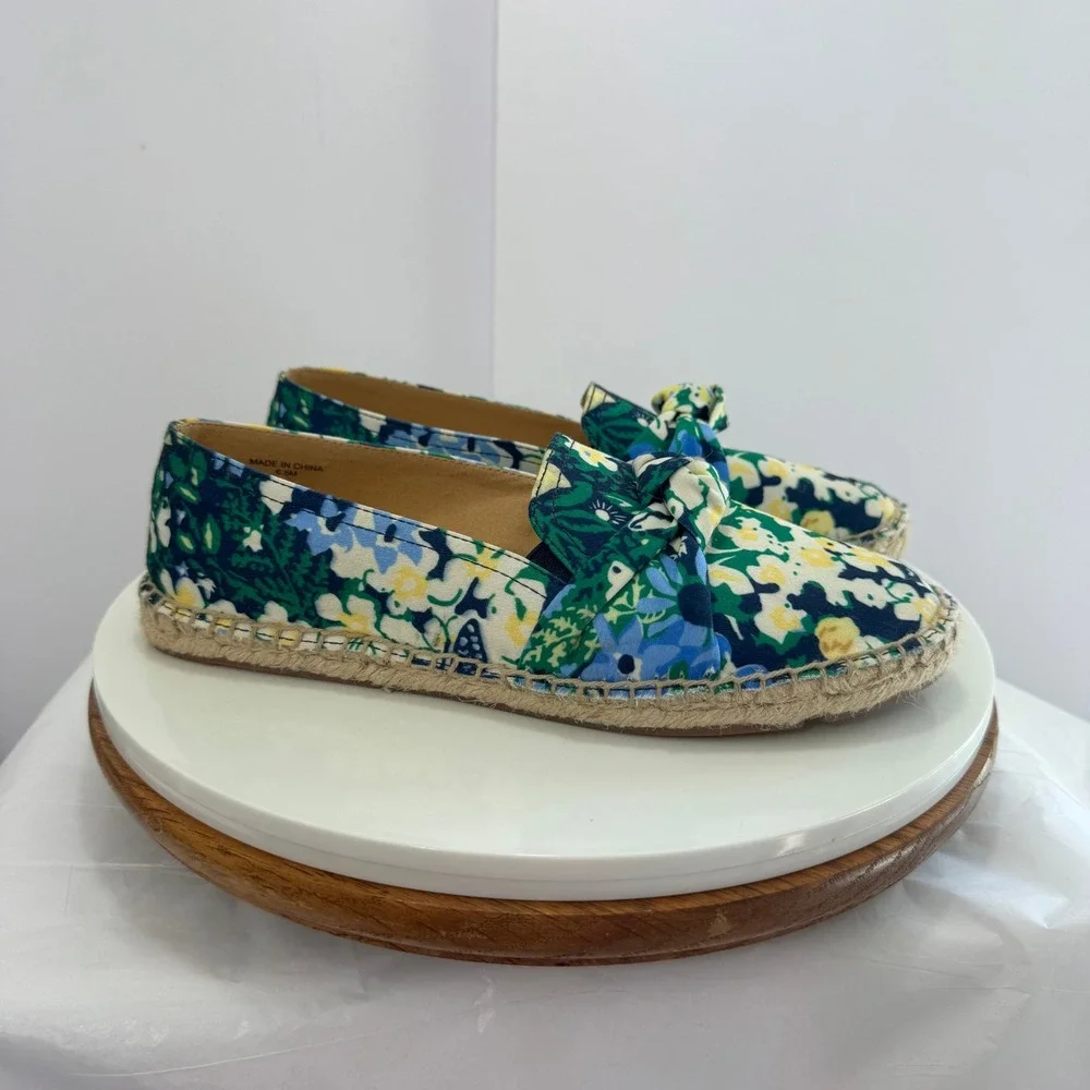 Talbots Womens Floral Canvas Espadrille Loafers Green Blue Yellow Bow 6.5